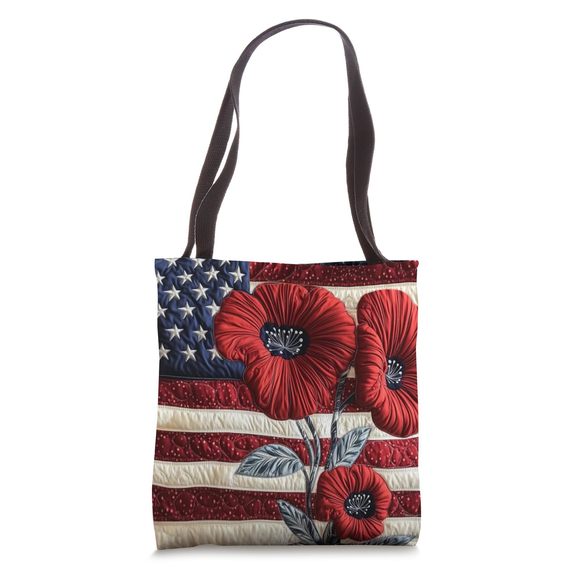 Poy Flower And American Flag Embroidered Quilt Art Vintage Tote Bag >:( - Picture 1 of 4